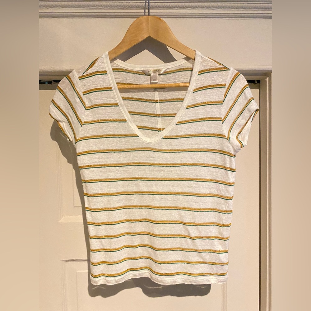 Banana Republic Women’s Relaxed FitT-Shirts XS White Linen Striped Multicolor